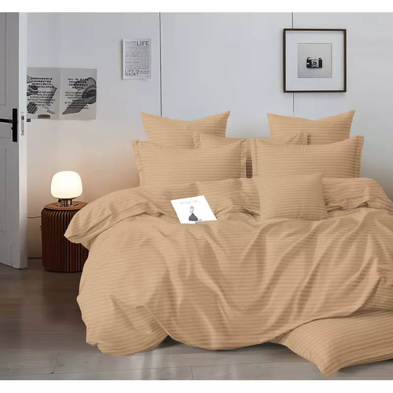 Lenjerie de Pat Dublu Bumbac Damasc 4 Piese cu Elastic, Bej - XIA172