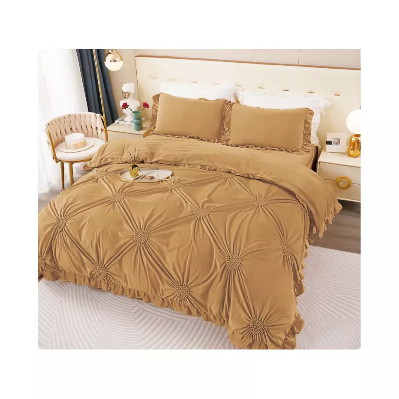 Lenjerie de Pat, 4 Piese din Catifea, cu Volanase pentru Pat dublu,  Bej Inchis - FR151