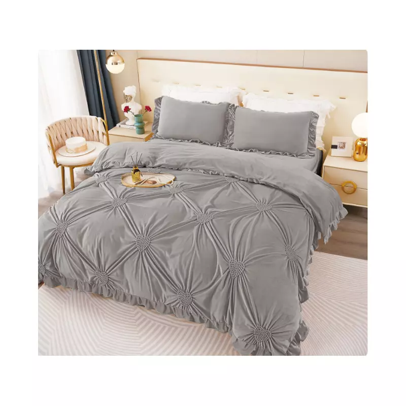 Lenjerie de Pat, 4 Piese din Catifea, cu Volanase, pentru Pat dublu, Gri - FR155