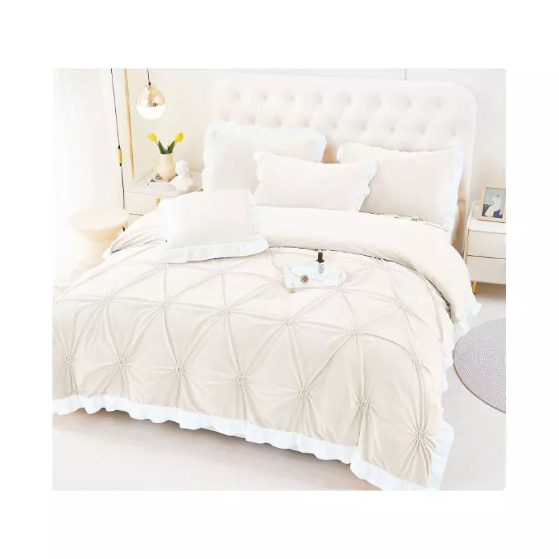 Lenjerie de Pat din Catifea, pentru Pat Dublu, 4 Piese, Crem Deschis cu Margine Alba -  FR146