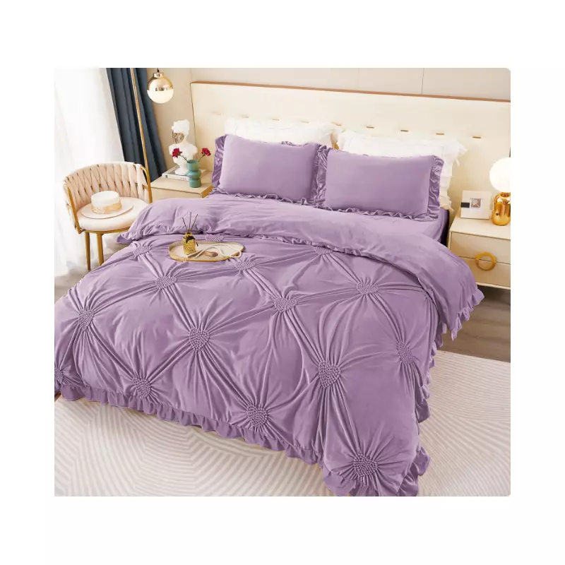 Lenjerie de Pat, 4 0Piese din Catifea, cu Volanase, pentru Pat dublu, Lavanda - FR148