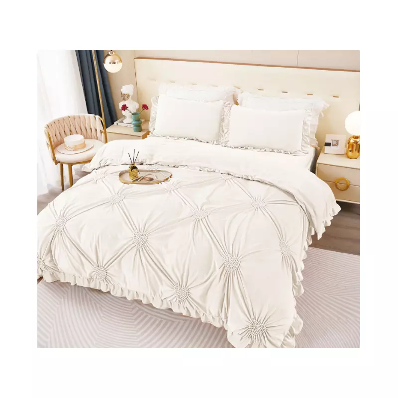Lenjerie de Pat, 4 Piese din Catifea, cu Volanase, pentru Pat dublu, Cream Deschis - FR156