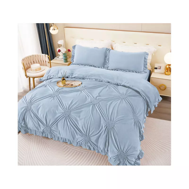 Lenjerie de Pat, 4 Piese din Catifea, cu Volanase, pentru Pat dublu, Gri Albastrui - FR150