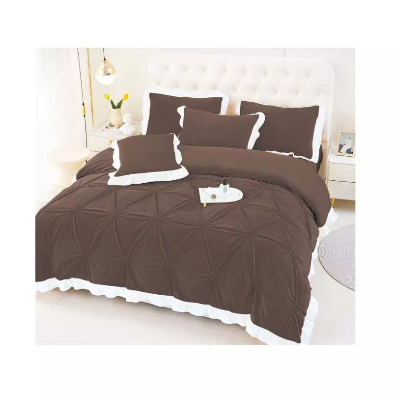 Lenjerie de Pat din Catifea, pentru Pat Dublu, 4 Piese, Maro cu Margine Alba -  FR144