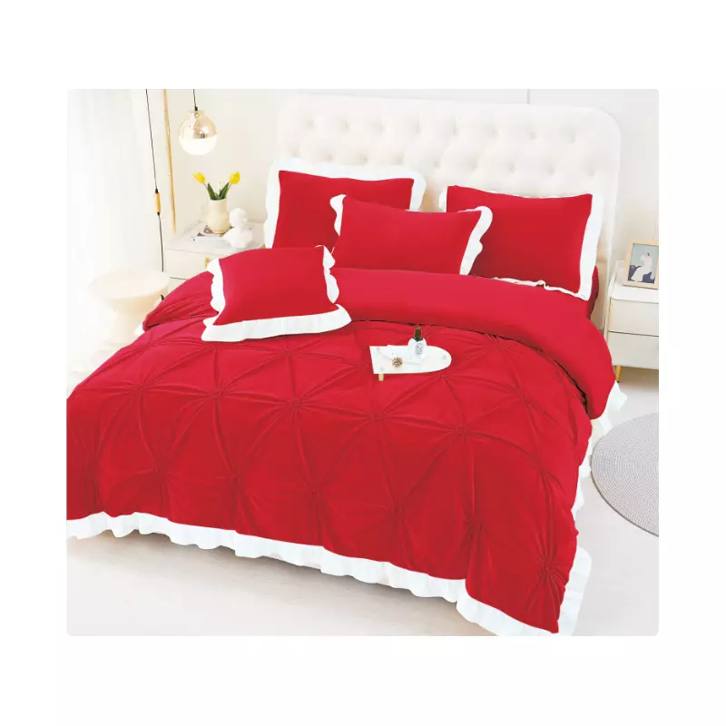Lenjerie de Pat din Catifea, pentru Pat Dublu, 4 Piese, Rosu cu Margine Alba -  FR143