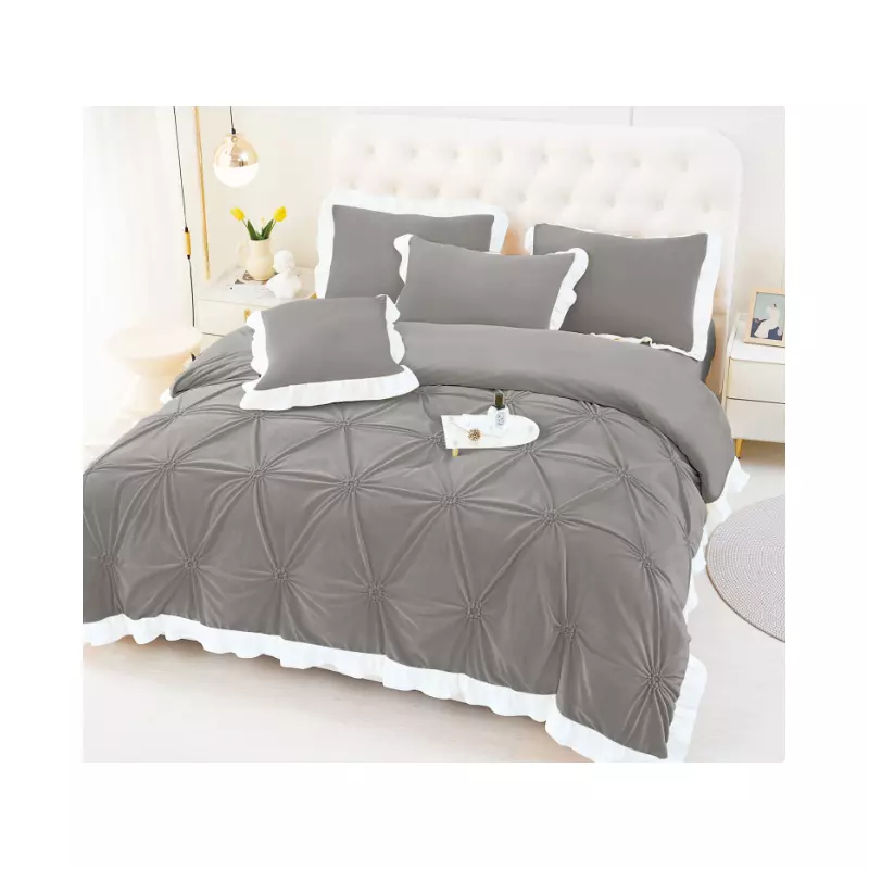 Lenjerie de Pat din Catifea, pentru Pat Dublu, 4 Piese, Gri cu Margine Alba - FR147