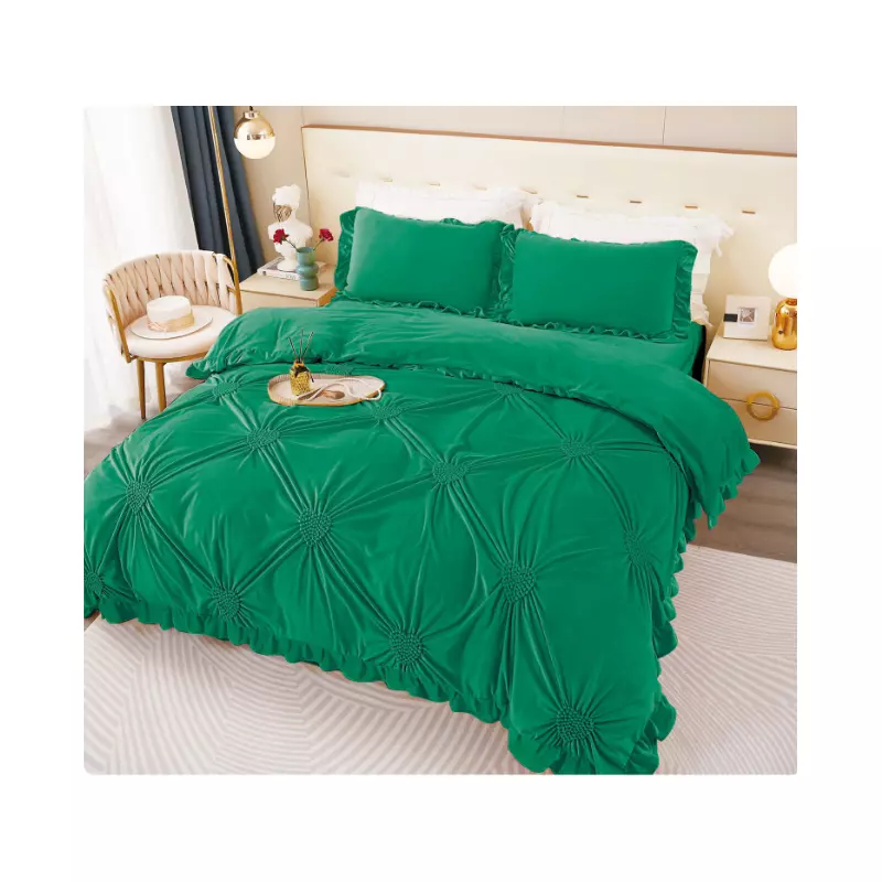 Lenjerie de Pat, 4 Piese din Catifea, cu Volanase pentru Pat dublu, Verde - FR154