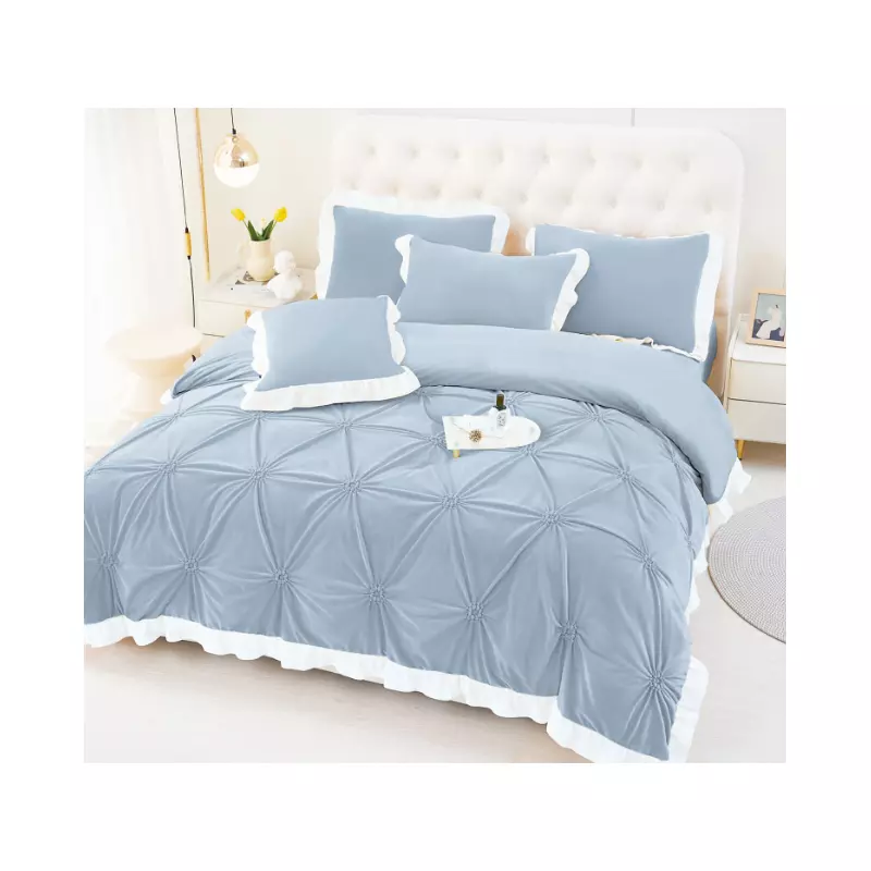 Lenjerie de Pat din Catifea, pentru Pat Dublu, 4 Piese, Gri Albastrui cu Margine Alba -  FR140
