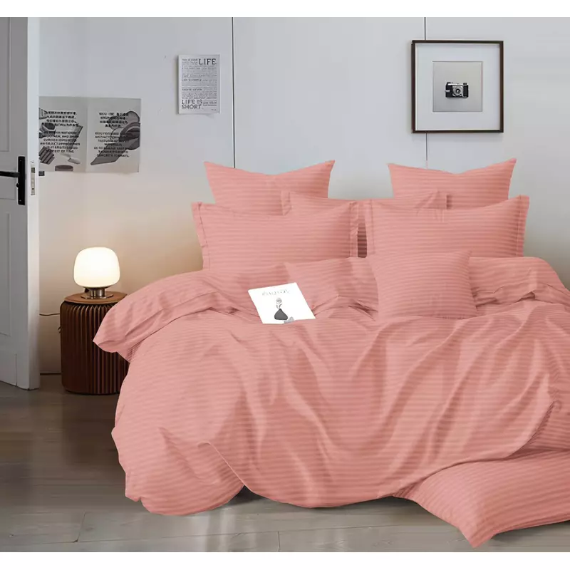 Lenjerie de Pat Dublu Bumbac Damasc 4 Piese cu Elastic, Coral Deschis - XIA179