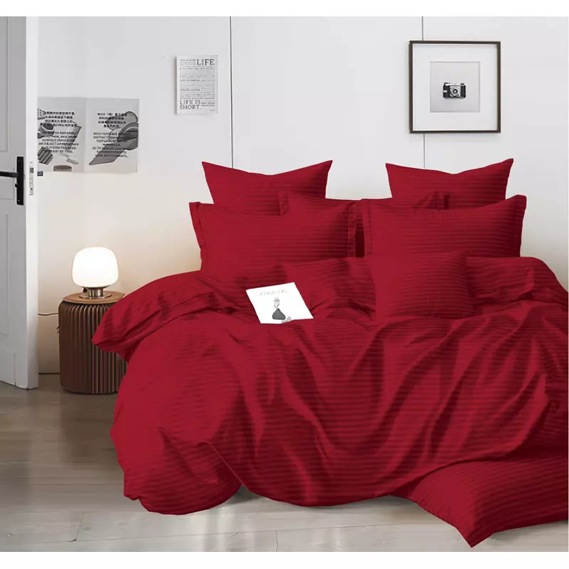 Lenjerie de Pat Dublu Bumbac Damasc 4 Piese cu Elastic, Visiniu - XIA180