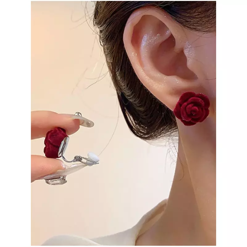 Cercei cu Clips, Catifea, Flori de Trandafir - 64456