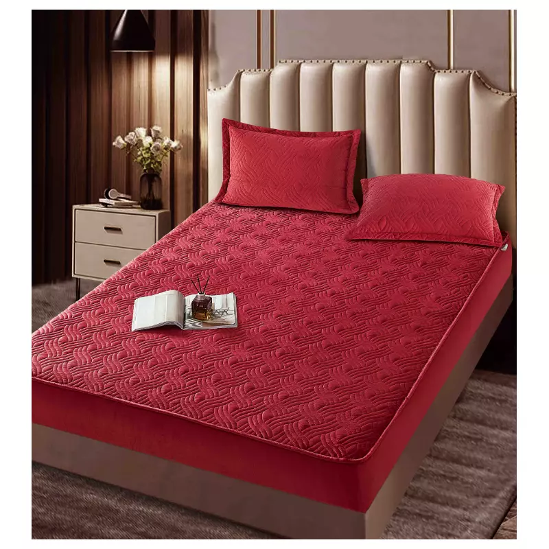 Husa pentru saltea tip topper cu elastic + 2 Fete de perna catifea,  Bordo 180x200cm - JOJ561