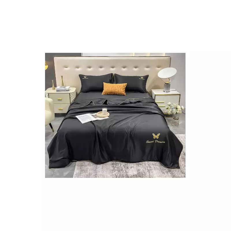 Lenjerie de Pat din Matase cu Pilota, 4 Piese pentru Pat Dublu - Negru - SIPRH-01