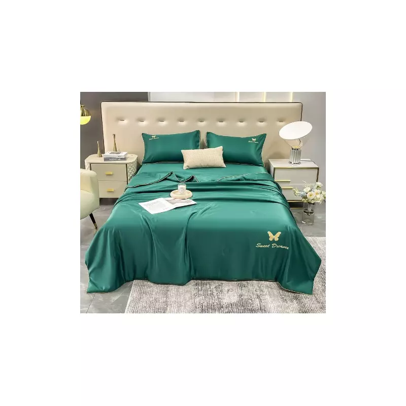 Lenjerie de Pat din Matase cu Pilota, 4 Piese pentru Pat Dublu - Verde Smarald - SIPRK-01