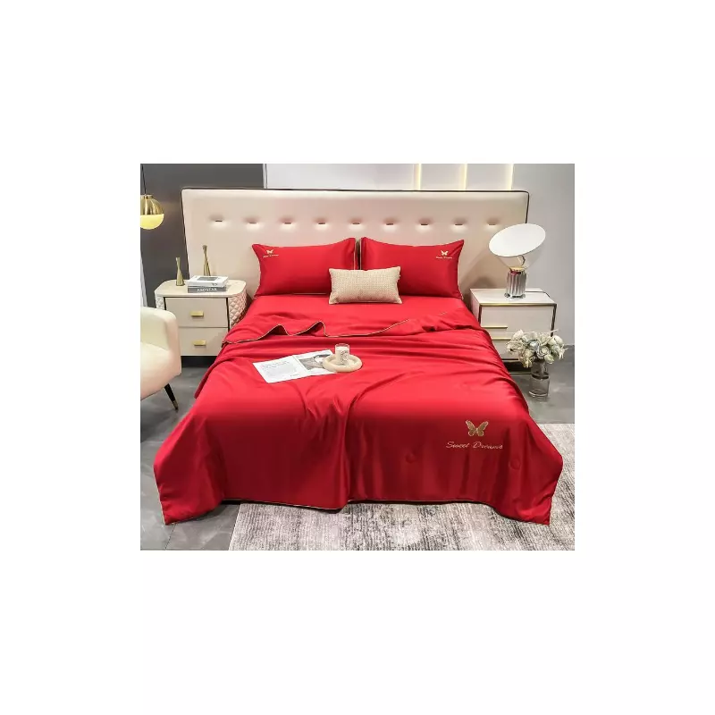 Lenjerie de Pat din Matase cu Pilota, 4 Piese pentru Pat Dublu - Rosu - SIPRE-01