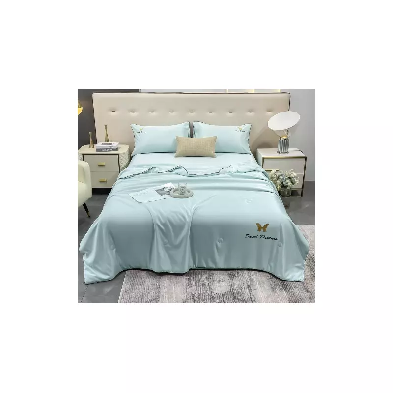 Lenjerie de Pat din Matase cu Pilota, 4 Piese pentru Pat Dublu - Albastru Deschis - SIPRA-01