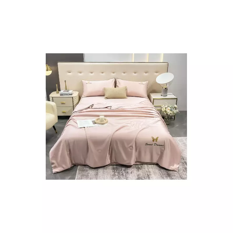 Lenjerie de Pat din Matase cu Pilota, 4 Piese pentru Pat Dublu - Roz - SIPRM-01