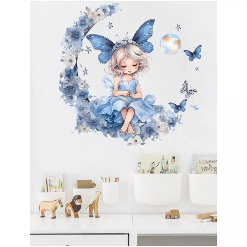 Sticker Perete Autocolant Fetita pe Luna, cu Fluturi 38x38cm - 68151