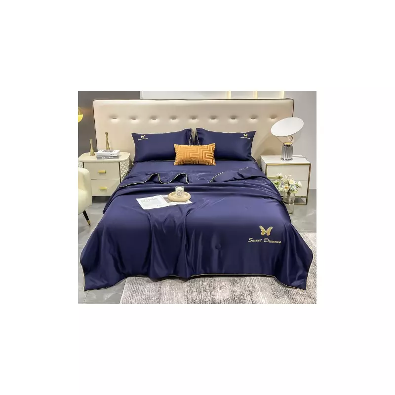 Lenjerie de Pat din Matase cu Pilota, 4 Piese pentru Pat Dublu - Bleumarin - SIPRQ-01