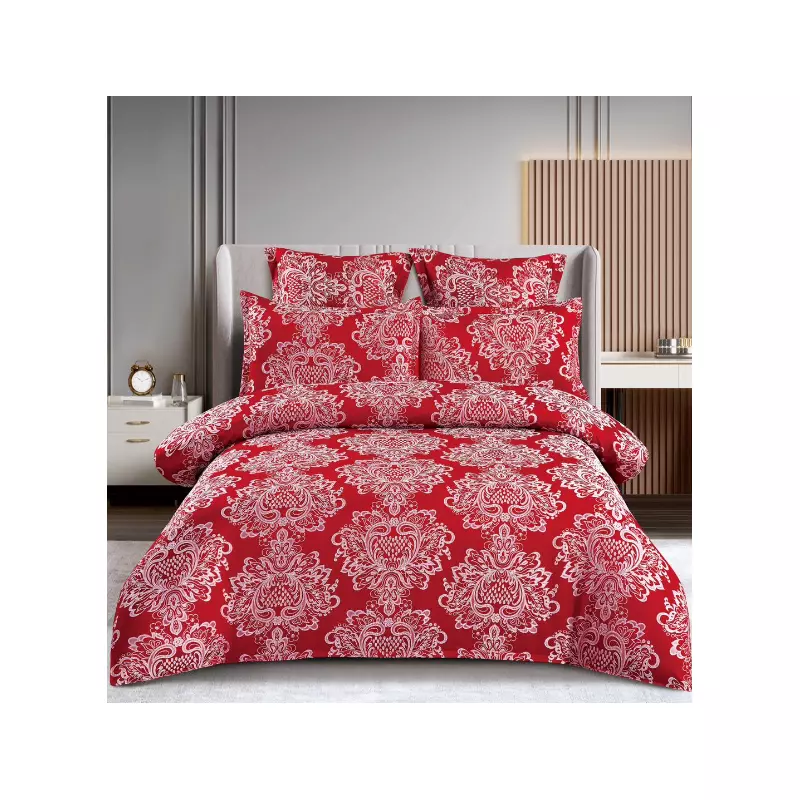 Lenjerie de Pat Finet Jacquard cu Elastic, pentru Pat Dublu, 6 Piese, Rosu - SIPR-T3-03