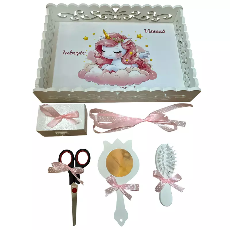 Tavita Turta cu 6 Piese - Unicorn pe Nori - TPT68 Alb cu Roz Deschis