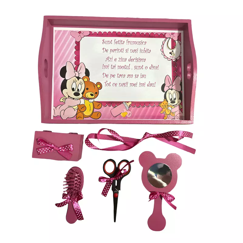Tavita Turta cu 6 Piese - Baby Minnie si Ursulet - TPT52 Roz Inchis