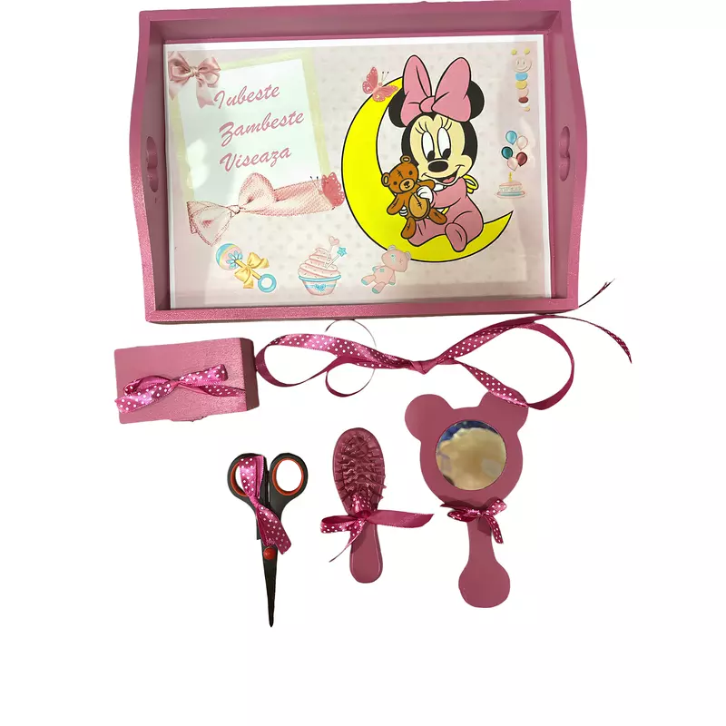 Tavita Turta cu 6 Piese -  Baby Minnie pe Luna - TPT06 Roz Inchis