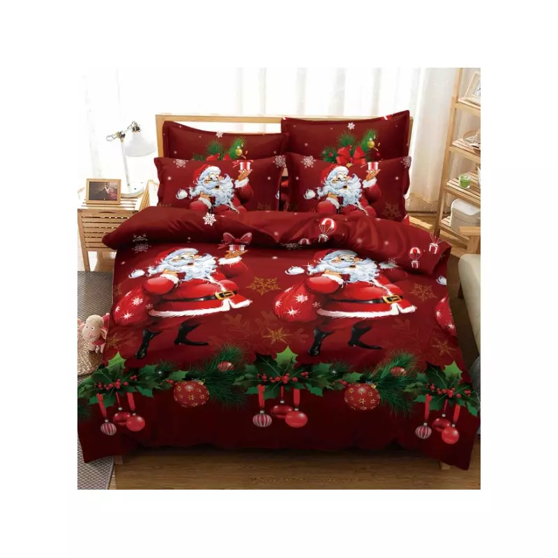 Lenjerie de Pat 1 Persoana, Bumbac Finet, 4 Piese, Rosu cu Mos Craciun -  JO590