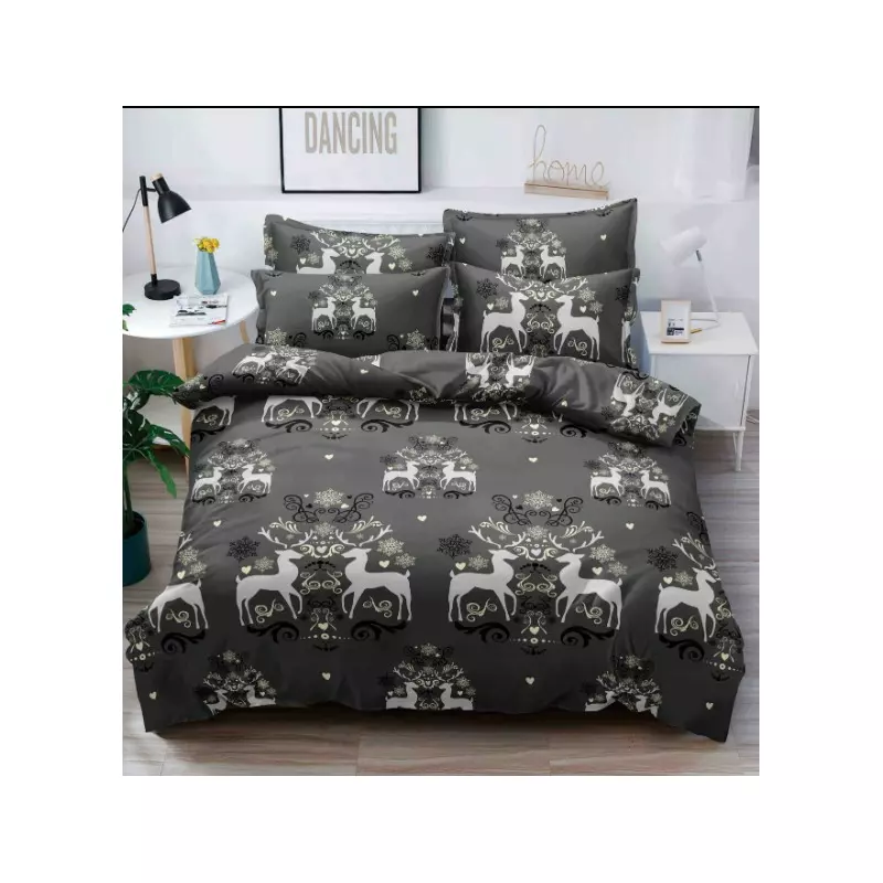 Lenjerie de Pat 1 Persoana, Bumbac Finet, 4 Piese, Gri cu Reni -  JO595