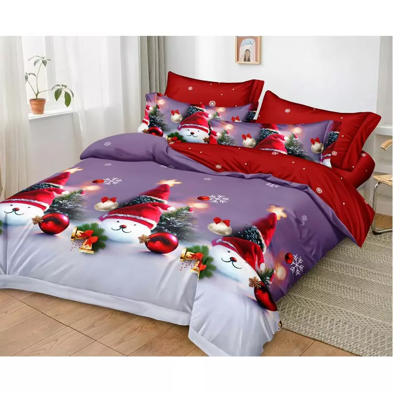 Lenjerie de Pat Bumbac Finet 6 Piese cu  Elastic, Model de Craciun - PUC203