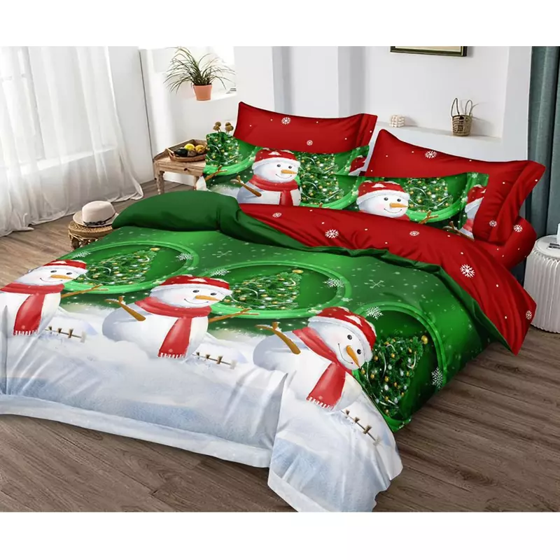 Lenjerie de Pat Bumbac Finet 6 Piese cu  Elastic, Model de Craciun - PUC204