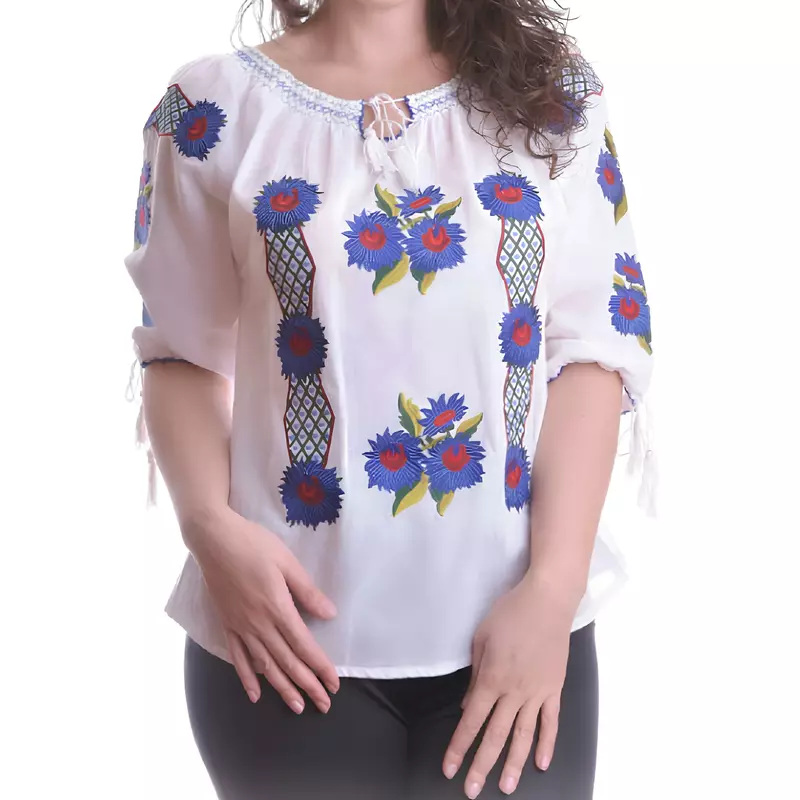 Ie Traditionala Alba cu Motiv Floral Albastru de Dama  - IMS11
