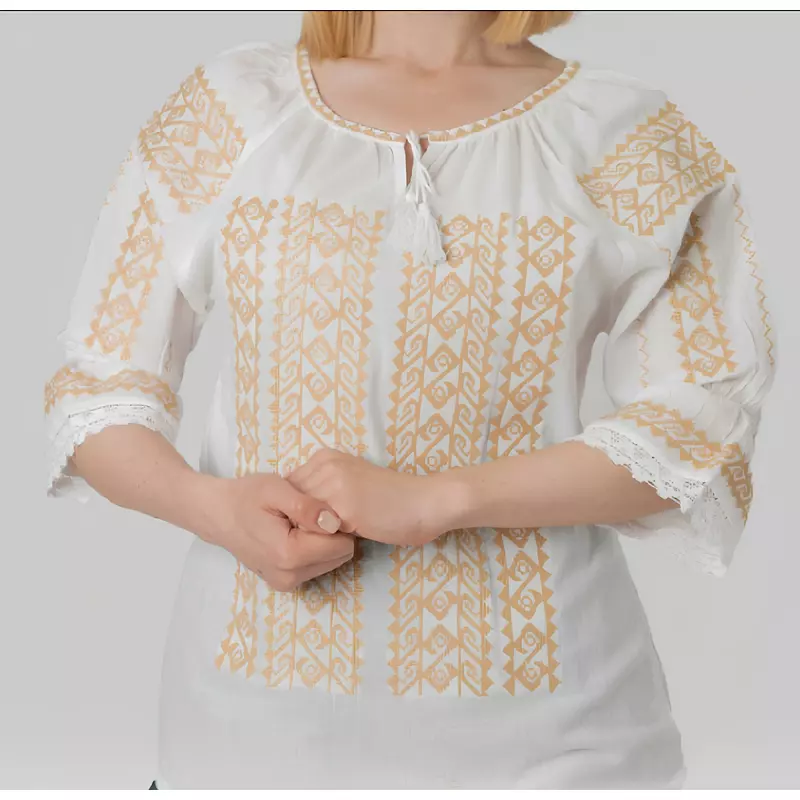 Ie Traditionala Alba cu Motiv Geometric Crem de Dama- IMS09