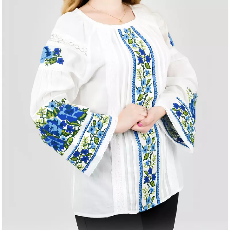 Bluza Alba cu Motiv Floral Albastru - BMG179