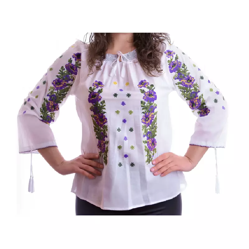 Ie Traditionala Alba cu Motiv Floral mov de Dama - IMS29