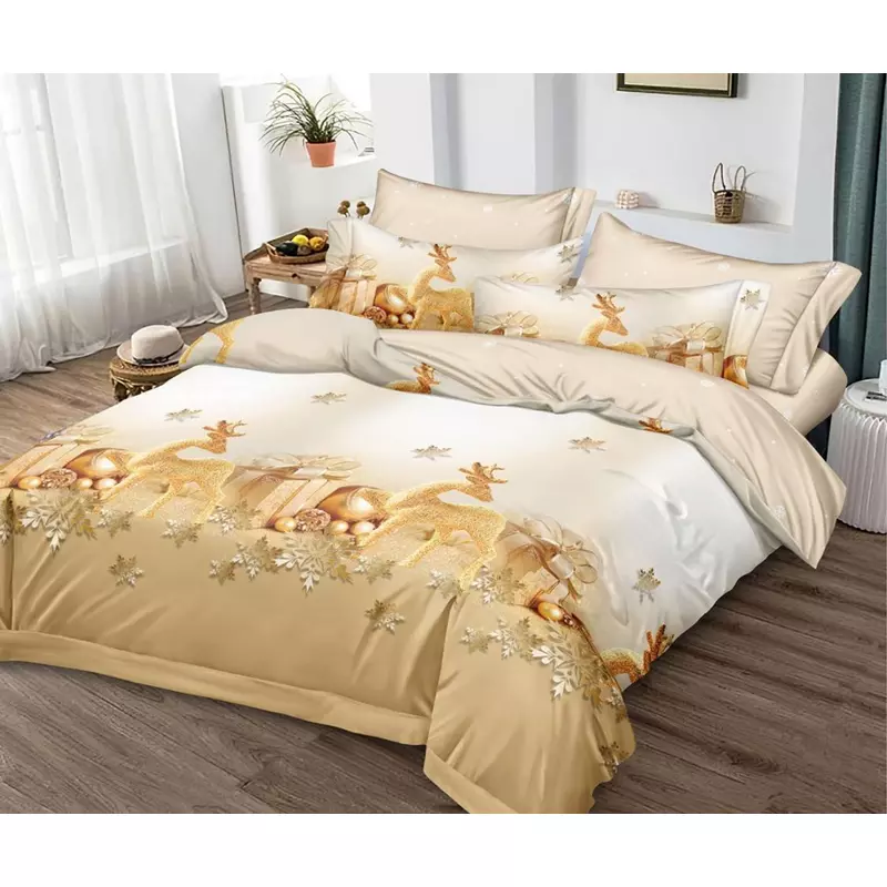 Lenjerie de Pat Bumbac Finet 6 Piese cu  Elastic, Model de Craciun - PUC194