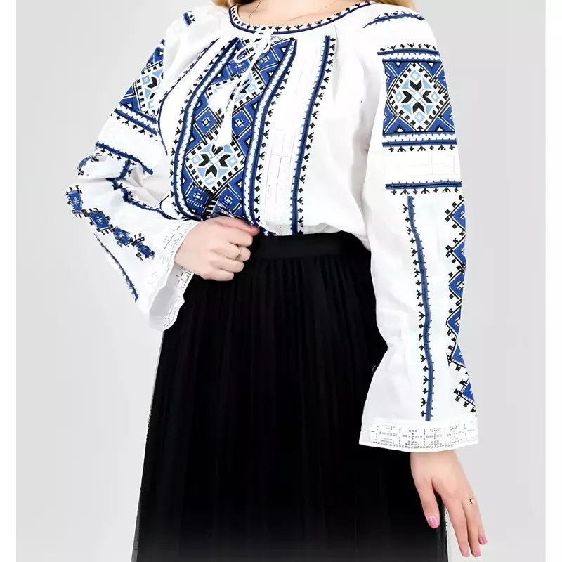 Ie Traditionala Alba cu Motiv Geometric Albastru- IML03