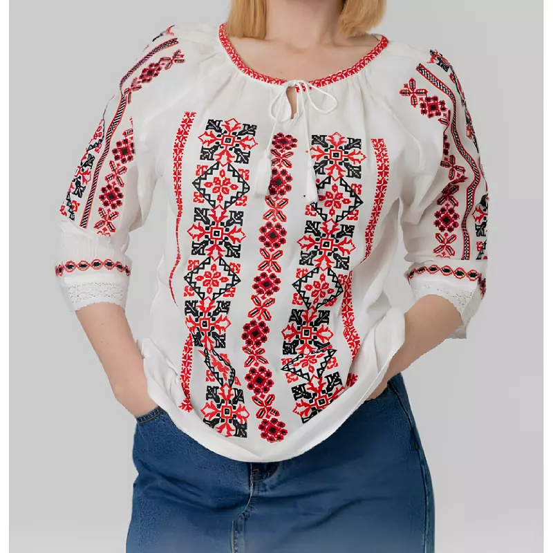 Bluza Tip Ie Traditionala Alba cu Motiv Geometric Rosu de Dama - IMS38