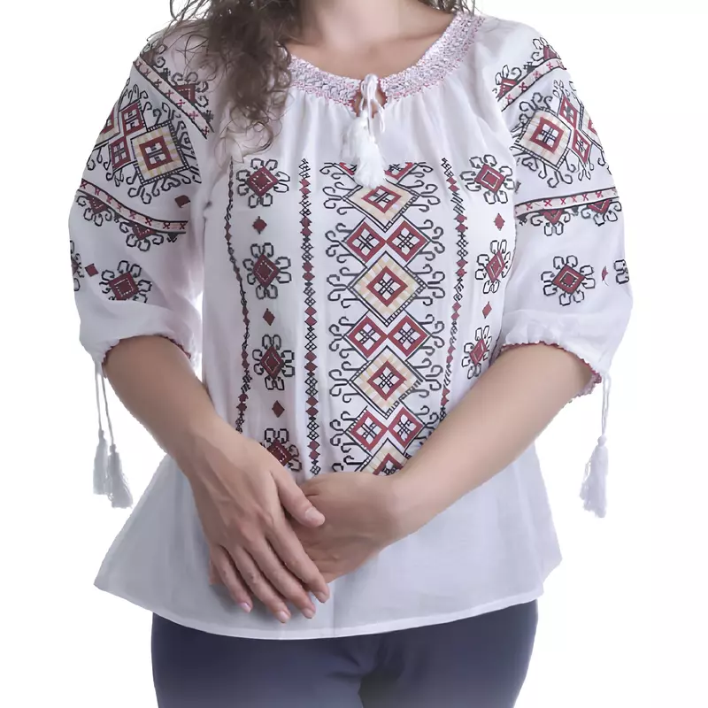 Bluza Tip Ie Traditionala Alba cu Motiv Geometric Multicolor de Dama - IMS34