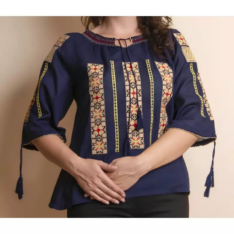 Ie Traditionala Albastra cu Motiv Floral Crem de Dama  - IMS25