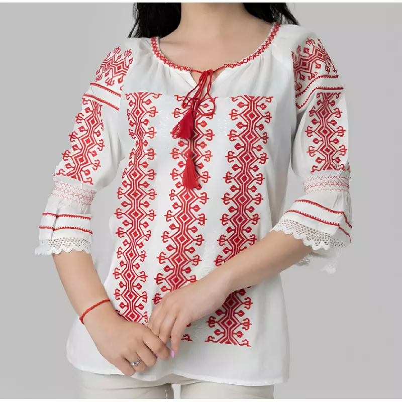 Ie Traditionala Alba cu Motiv Geometric Rosu de Dama  - IMS08