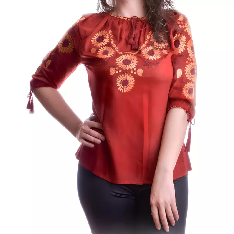 Ie Traditionala Rosie cu Motiv Floral Portocaliu de Dama - IMS18