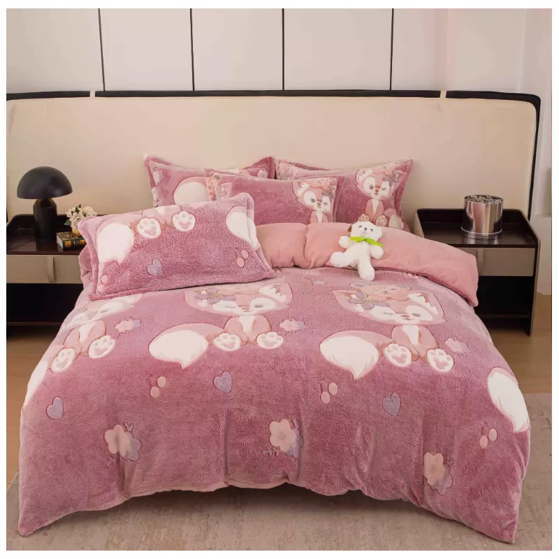 Lenjerie Cocolino 4 Piese Pentru Pat Dublu cu Elastic- JO280 Vulpe Roz
