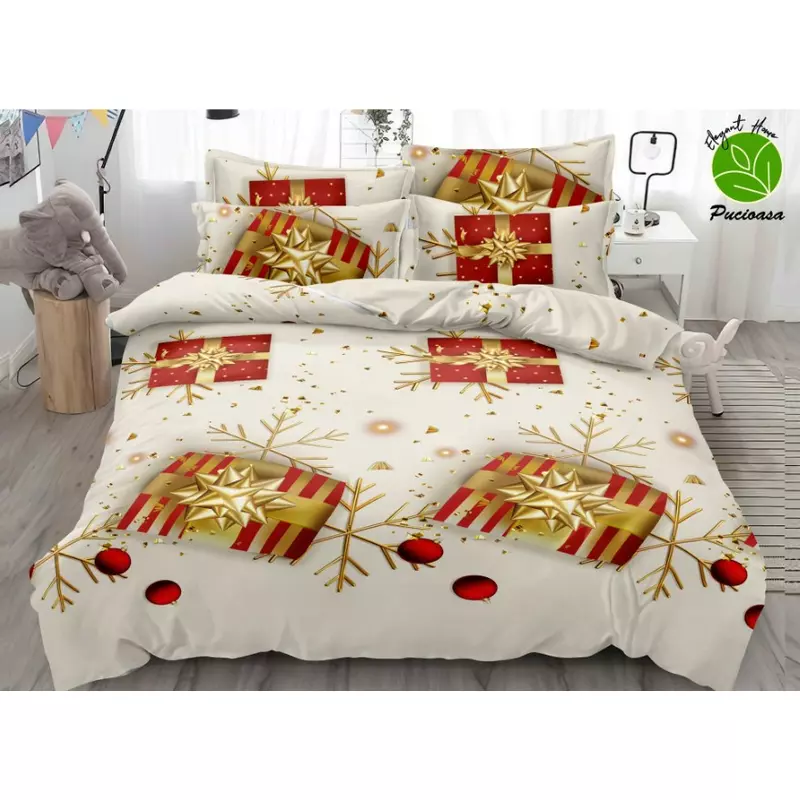 Lenjerie Pat cu 6 piese Bumbac Finet, Model de Craciun - SIPRTQ60-25