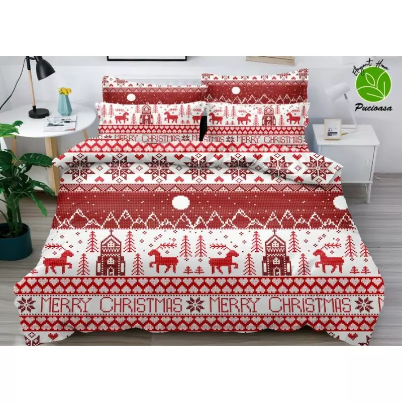 Lenjerie Pat cu 6 piese Bumbac Finet, Model de Craciun - SIPRTQ60-26