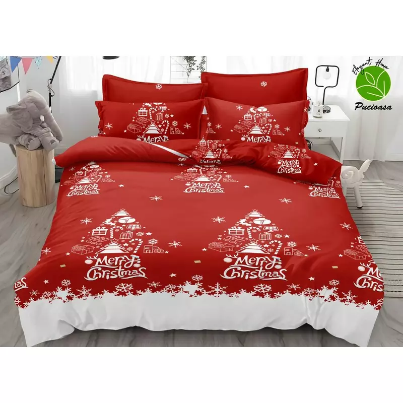 Lenjerie Pat cu 6 piese Bumbac Finet, Model de Craciun - SIPRTQ60-28
