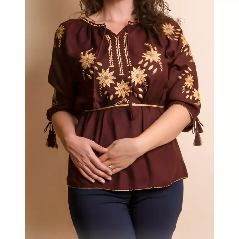 Bluza maro cu motiv floral auriu - BMG131