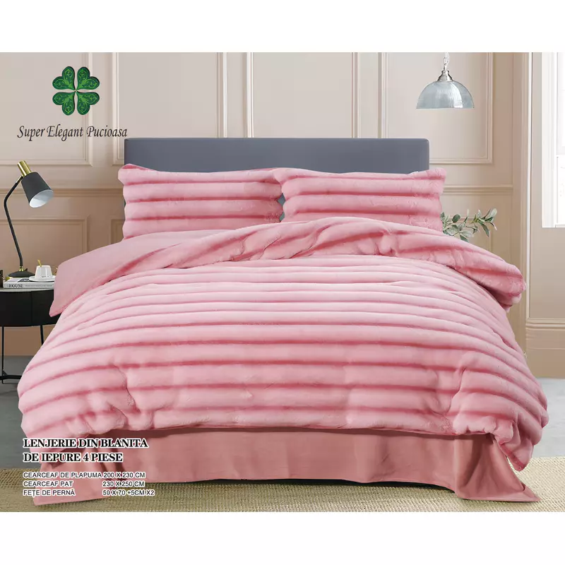 Lenjerie Cocolino Cu Blanita de Iepure Pentru Pat Dublu, 6 piese Roz  - JO947
