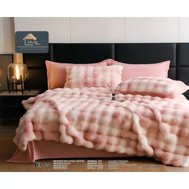 Lenjerie Cocolino Cu Blanita de Iepure Pentru Pat Dublu, 6 piese,  Roz Pestrit - JO951