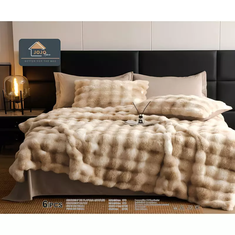Lenjerie Cocolino Cu Blanita de Iepure Pentru Pat Dublu, 6 piese, Bej Pestrit - JO948